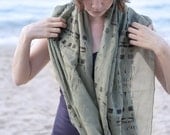 Olive Green Sheer Voile Scarf, Hand Screen Printed Lightweight Wrap, Shawl. Boho Chic