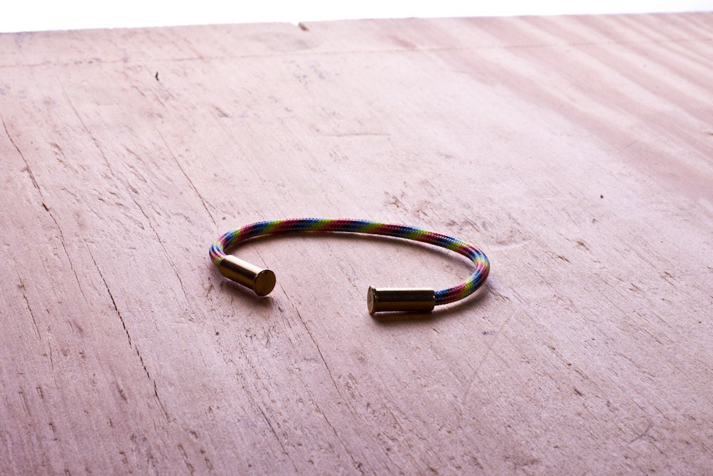 Rainbow Camo Bullet Casing Bracelet recycled .22lr casings paracord wire BRZN
