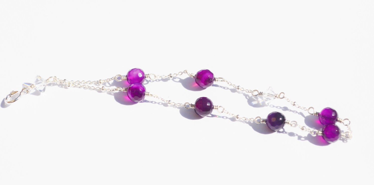Purple Agate and Swarovski Crystal Cellphone Lanyard Sterling Silver Cell Strap - Pampermousse