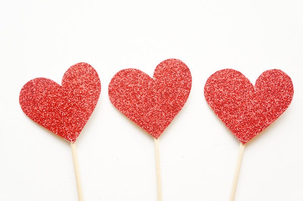 Cake Toppers - Glittering Hearts in RED, WHITE, or SILVER - Perfect for Valentine's Day
