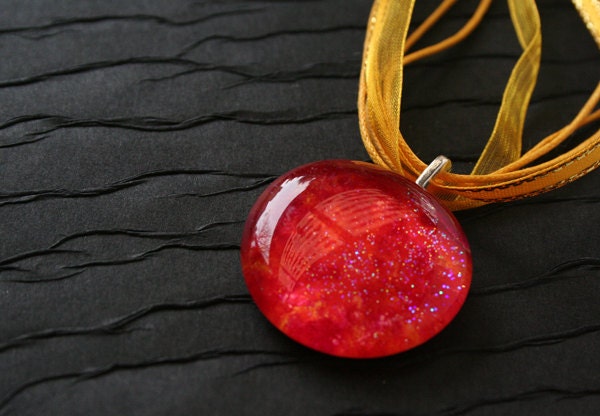 Glass Pendant, Orange Alcohol inked With Glitter, Womens Jewelry, Teen Jewelry, Party Wear