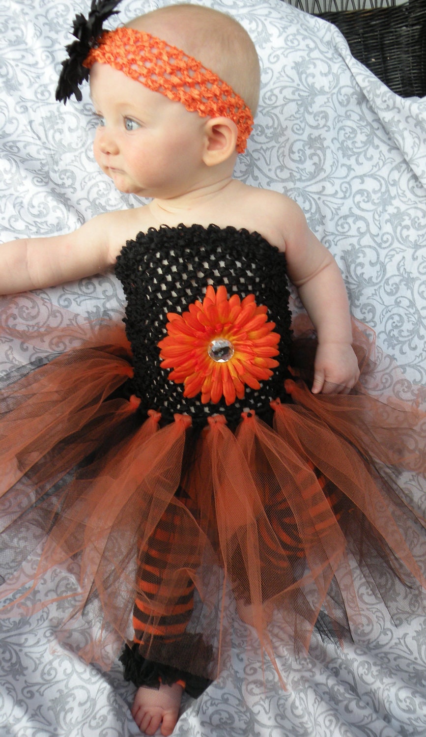 Baby/ Infant/ Toddler Girl Halloween Costume Crochet Black and Orange Dress with Orange Flower and Headband/ Philadelphia Flyers baby girl