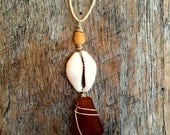Brown Sea Glass With Shell and Wood Beads Wire Wrapped Pendant