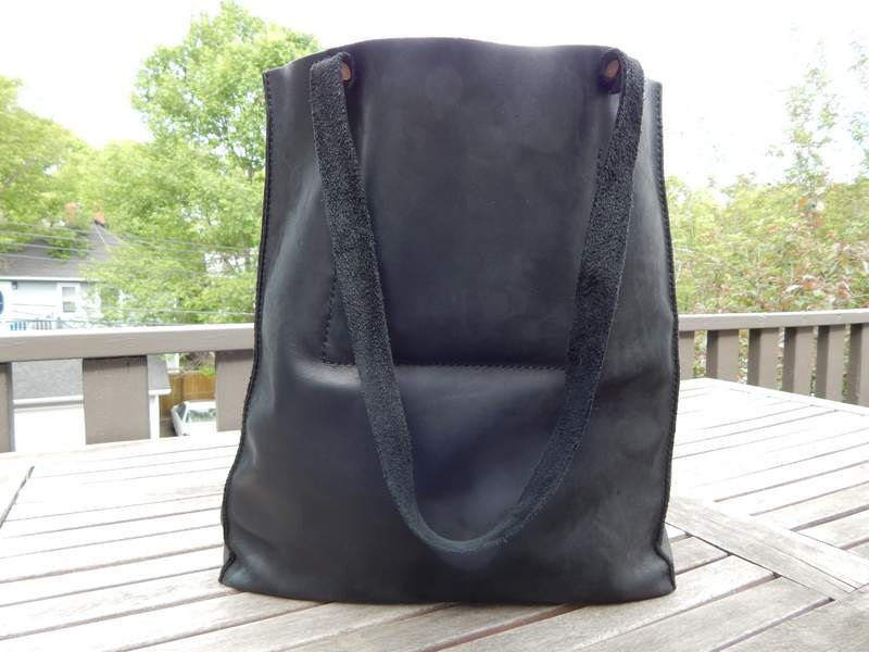HANDMADE LEATHER TOTE Bag by Little Lion Man -  Black Book Bag Carry-All Luggage Briefcase Grocery Messenger Hip Hand Stitched