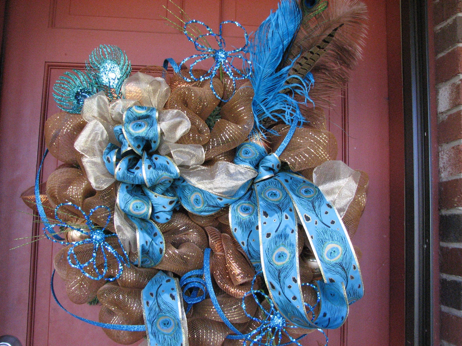Turquoise blue, gold, and brown Christmas deco mesh wreath