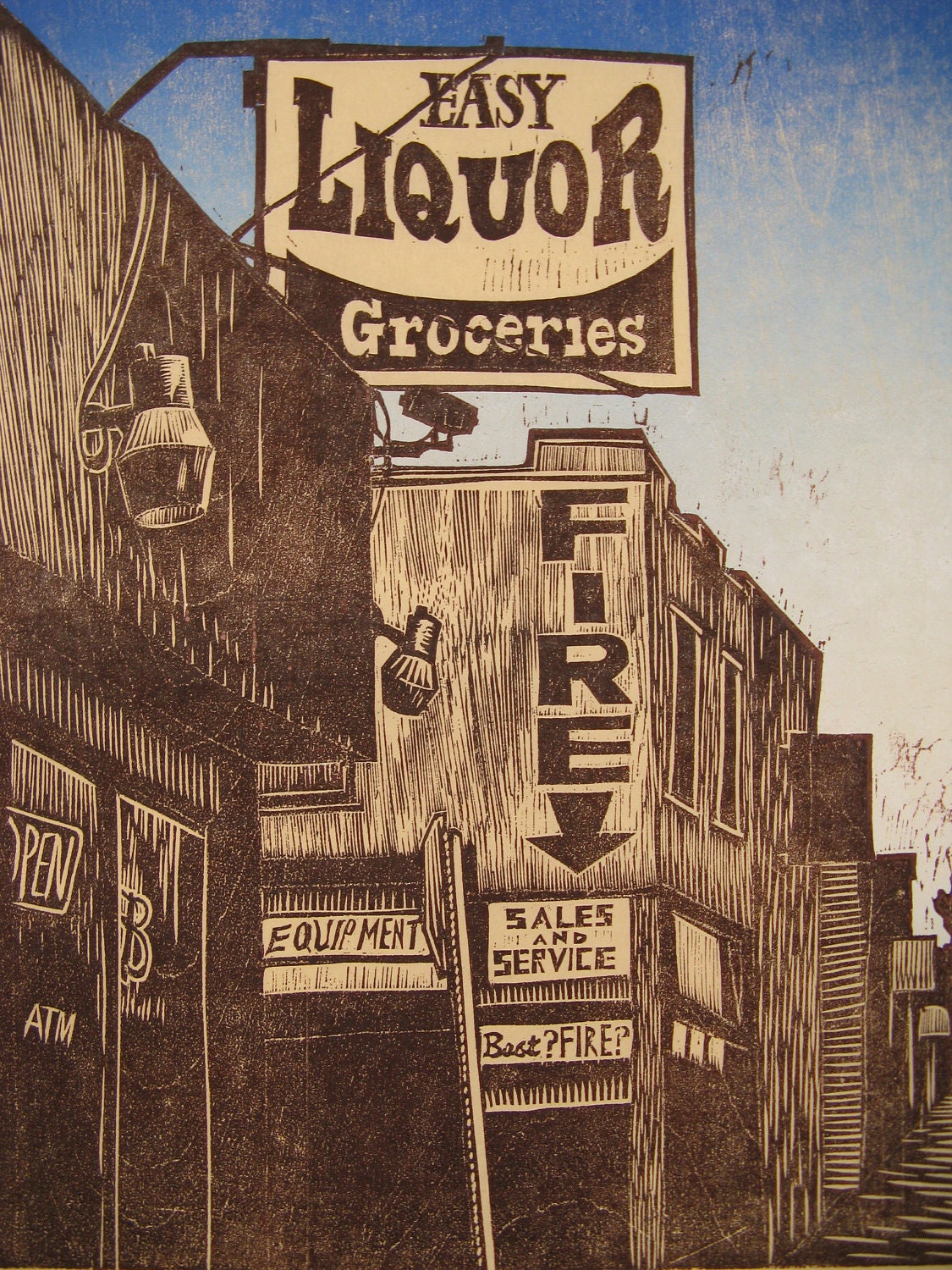 Best Fire/ Easy Liquor woodcut print