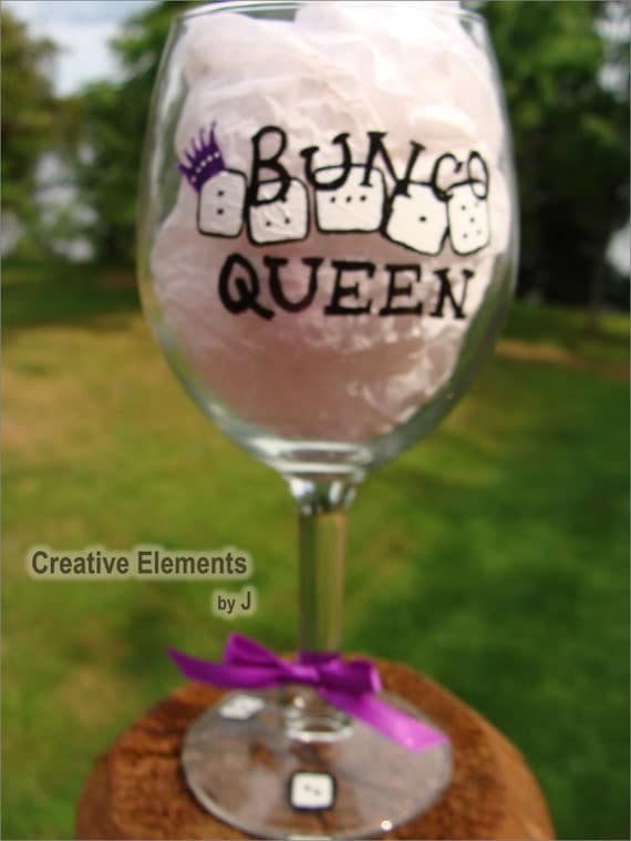Bunco Queen II Hand Painted Wine Glass