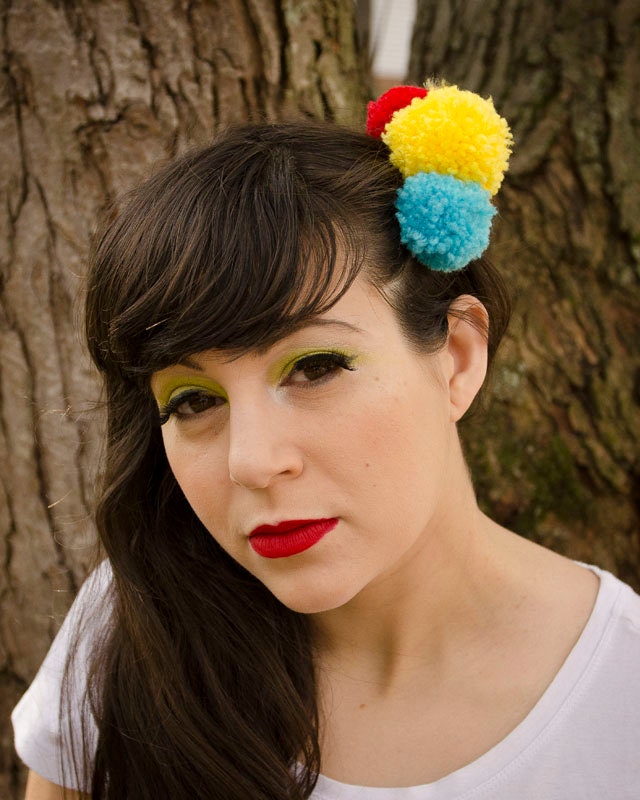 3 Pom Pom Barrette// pompom accessories// Handmade Yarn pompom jewelry. Pom Pom hair accessory. Bright. Yellow Red and Blue.