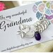 Grandmother necklace ,  silver orchid flower , birthstone necklace ,purple amethyst , 6 initial leaves , bird ,sterling silver ,grandma card