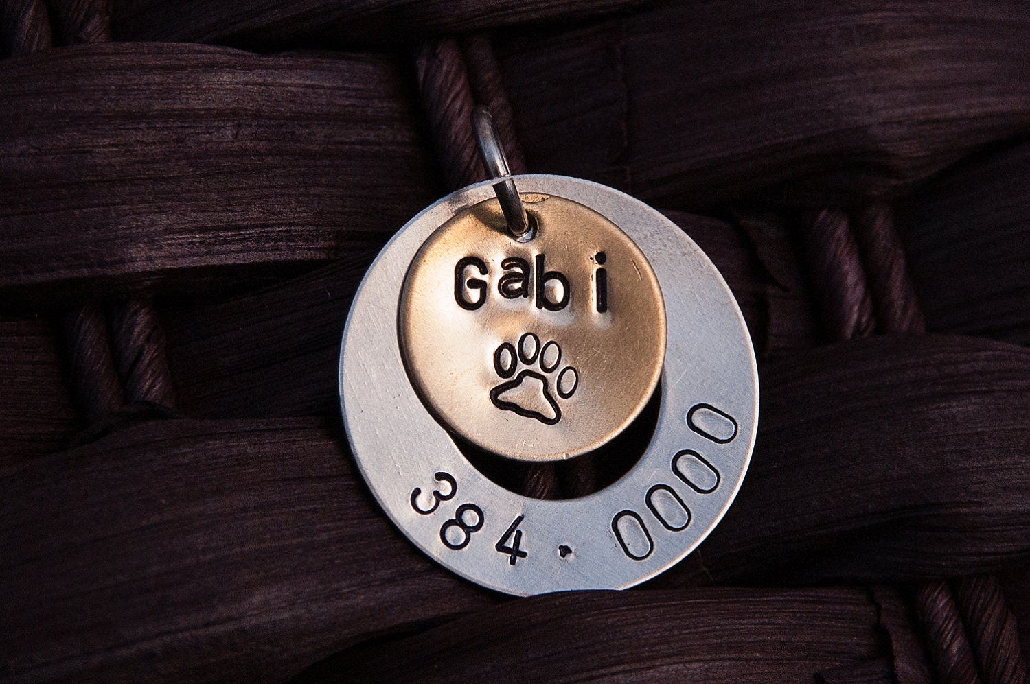 Pet ID Tag -  Hand Stamped -Copper, Brass or Silver Nickel - 1 inch hoop and disc (adoption fundraiser)