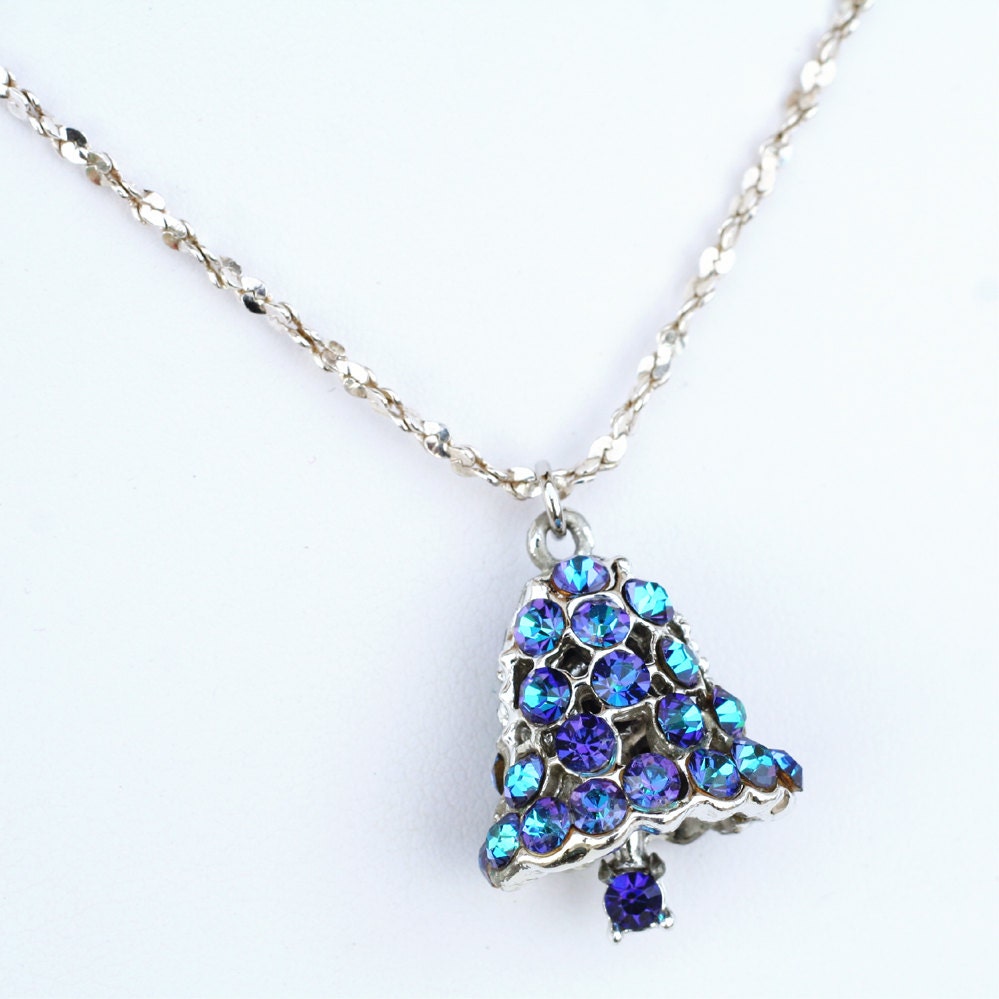 upcycled vintage charm necklace strand bell pendant necklace sterling silver chain jewelry under 25 peacock blue and silver rhinestone charm