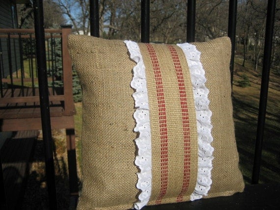 14" handmade recycled natural burlap and crispy white eyelet lace pillow