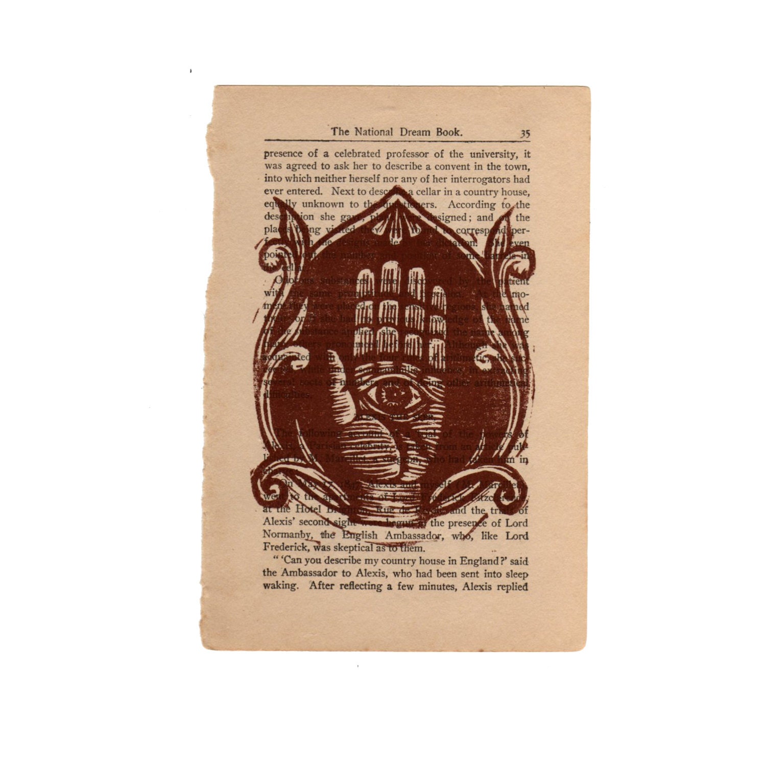 Hamsa Eye in Hand Linocut Art Printed on Vintage Book Page