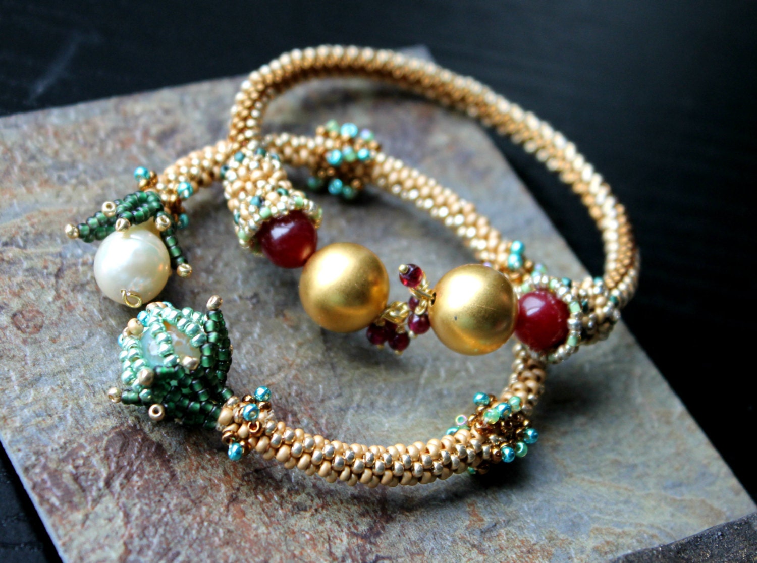 Stunning ornate beaded bracelets with real gemstones - Ruby Jade and Garnet OR Baroque Pearl and Agate - Coronation