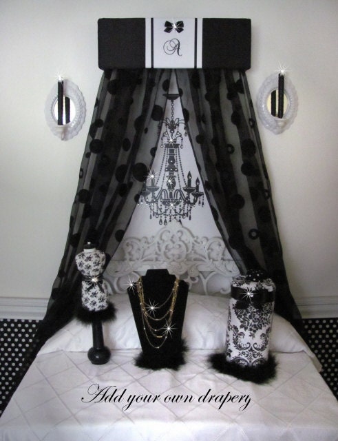 Bed CROWN Padded Monogrammed Embroidered Personalized Canopy Valance Black White