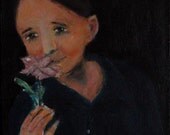 Acrylic Portrait Painting - Original 8x10 canvas Boy, Pink Flower, Black, Dark Blue