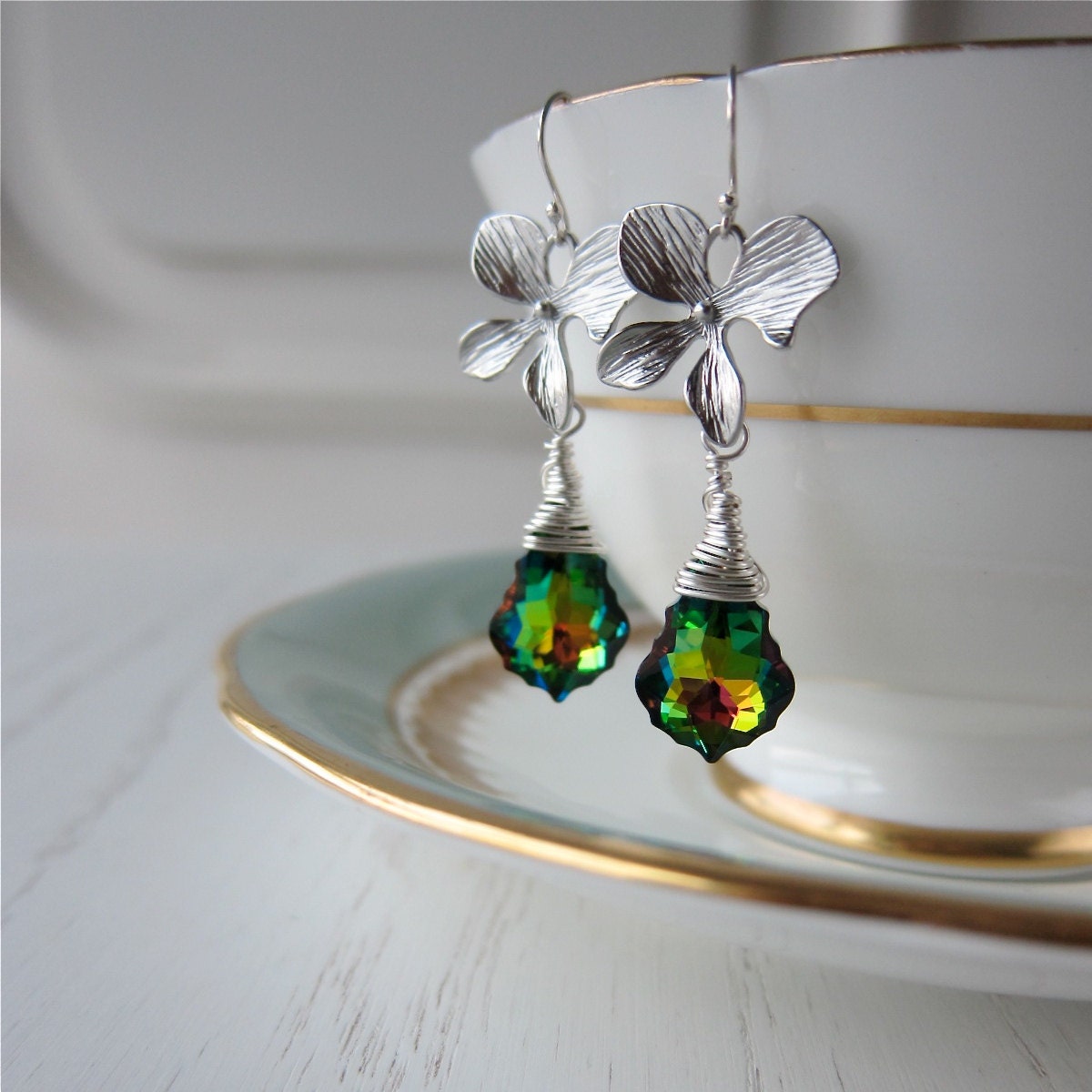 Rainbow Swarovski Crystal Matte Silver Orchid Dogwood Flower Earrings, Sterling Silver, Wire Wrapped, gift for her, gifts under 40