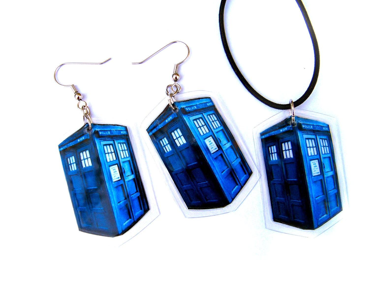 Doctor Who Inspired TARDIS Necklace & Earrings Set, Blue Police Box Design by Bohemian Bear