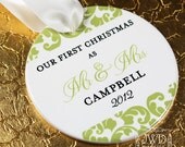 Our First Christmas Ornament Mr and Mrs Wedding Ornament Personalized Wedding Gift - Kirkland Pattern