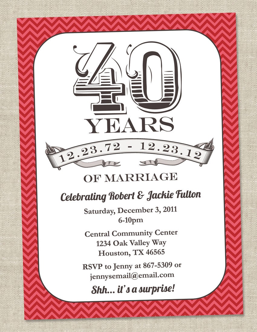 40th Anniversary Invitation -  Ruby Red Vintage Anniversary Party Invite - Fortieth (Printable Digital File)