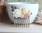 A Blush Baby Pink Flower, Soft Green Rose, Brass Leaf Collage Hair Comb. Bride, Maid Of Honor, Bridesmaids Gift, Wedding Bridal Hair Comb.