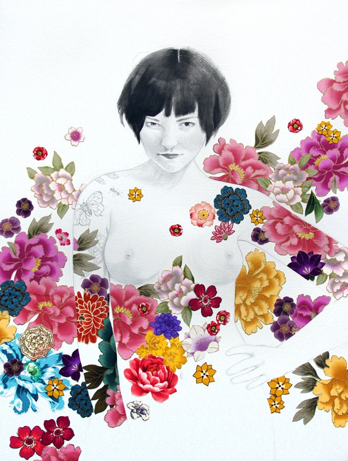 Art Print - Portrait of a Girl - Pencil drawing and flower collage 8x10