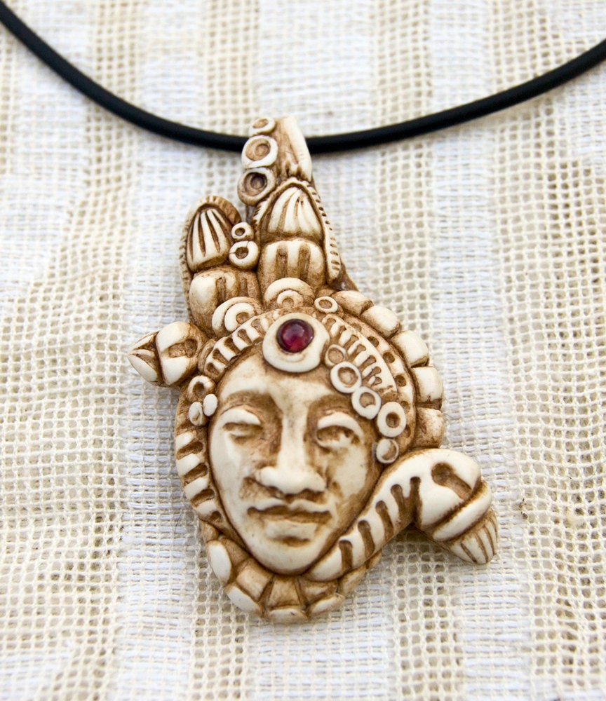 Handmade Smiling Face Pendant or Bead-- Faux-Ivory and Garnet
