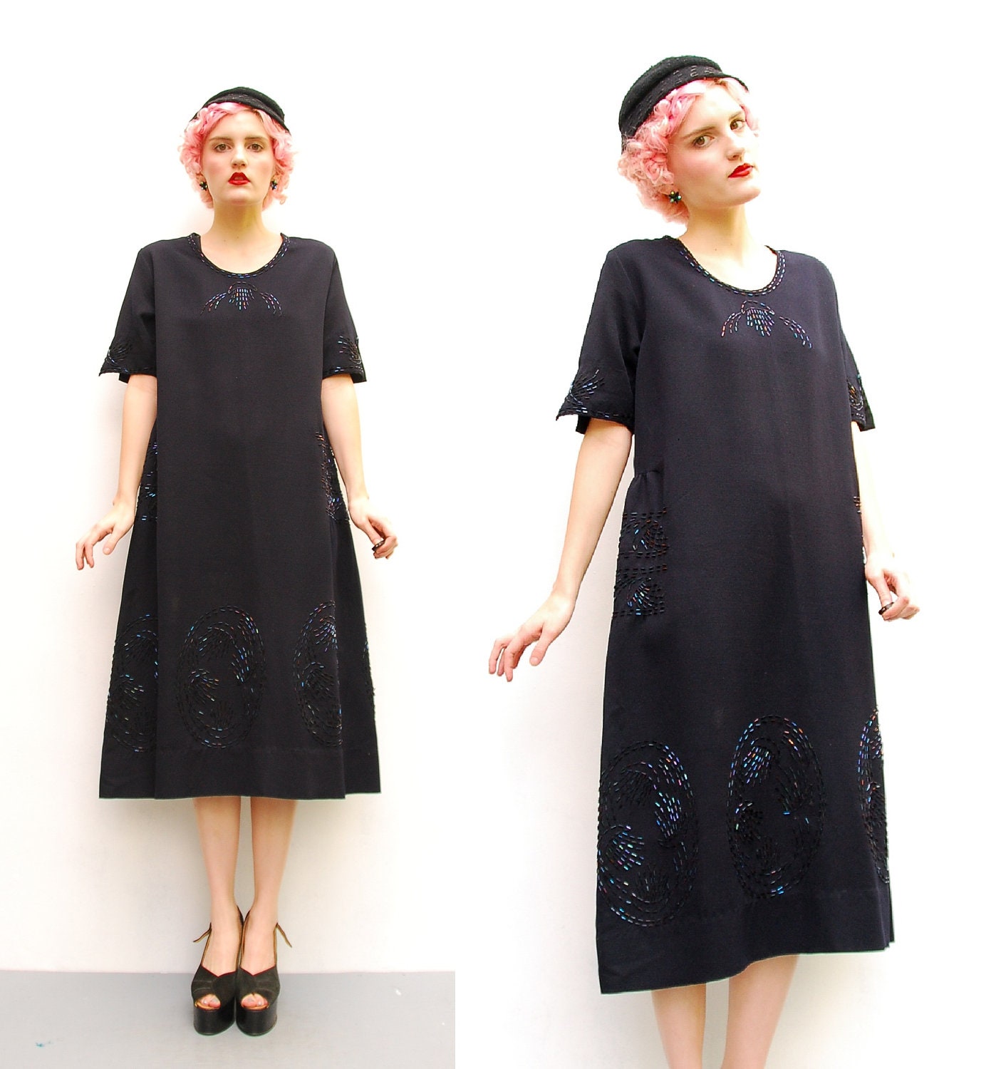 SALE Antique 20s Navy Dress -  Beaded Flapper Wool Dress - 1920s Sac Style - DECO Iridescent Glass Beading - M 8 10