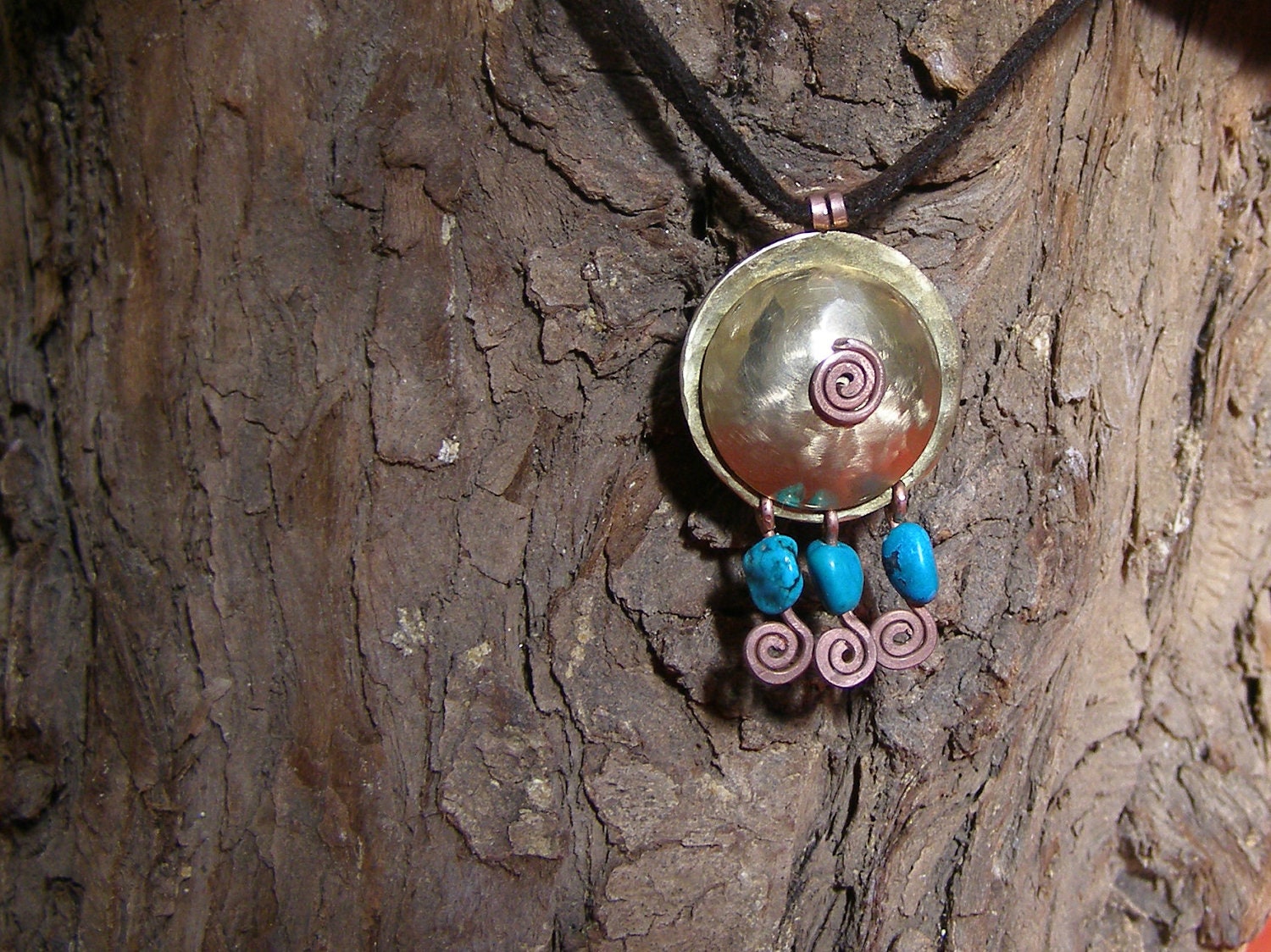 Boho kinetic round boho pendant casual pendant copper spiral tri trio pendant moving beads turquoise blue mint sleeping beauty