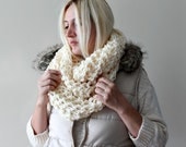 Hand Knitted Chunky Infinity Scarf -Ivory Lacey