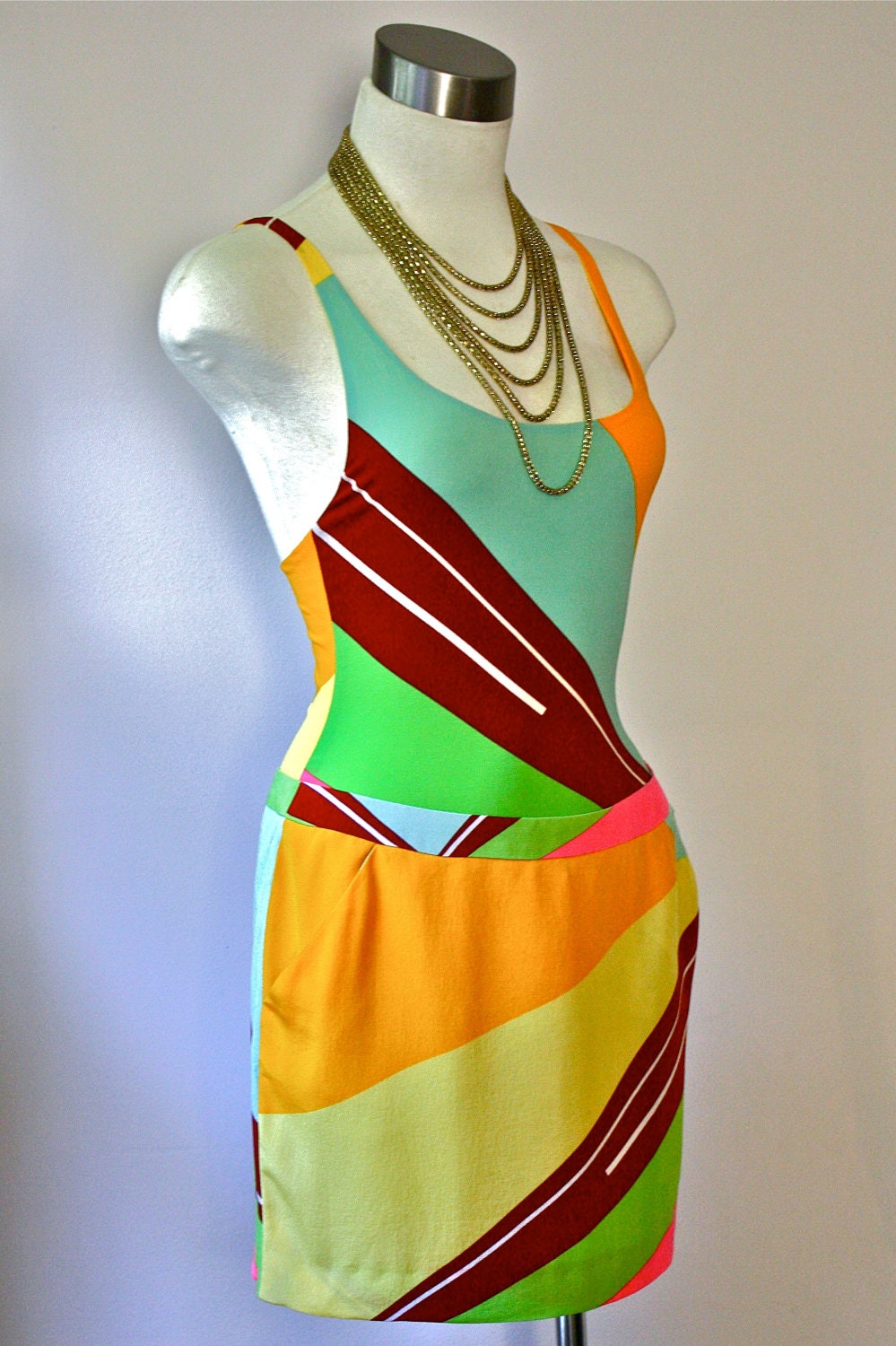 Vintage GIANNI VERSACE COUTURE Suit 3pcs Silk Colorblock Dress Belt Jacket