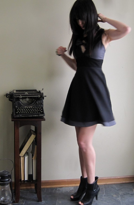 Winter Grey Dress - black silk and vintage style lace, bohemian boho clothing dress - small