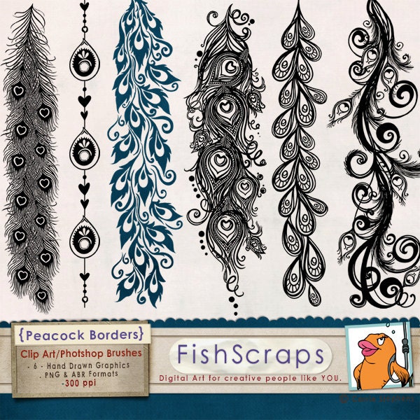 Clip Art Borders - Peacock Flourish - PNG & Photoshop Brushes -  Decorative Page Borders for Wedding Invitations, Anniversary Cards