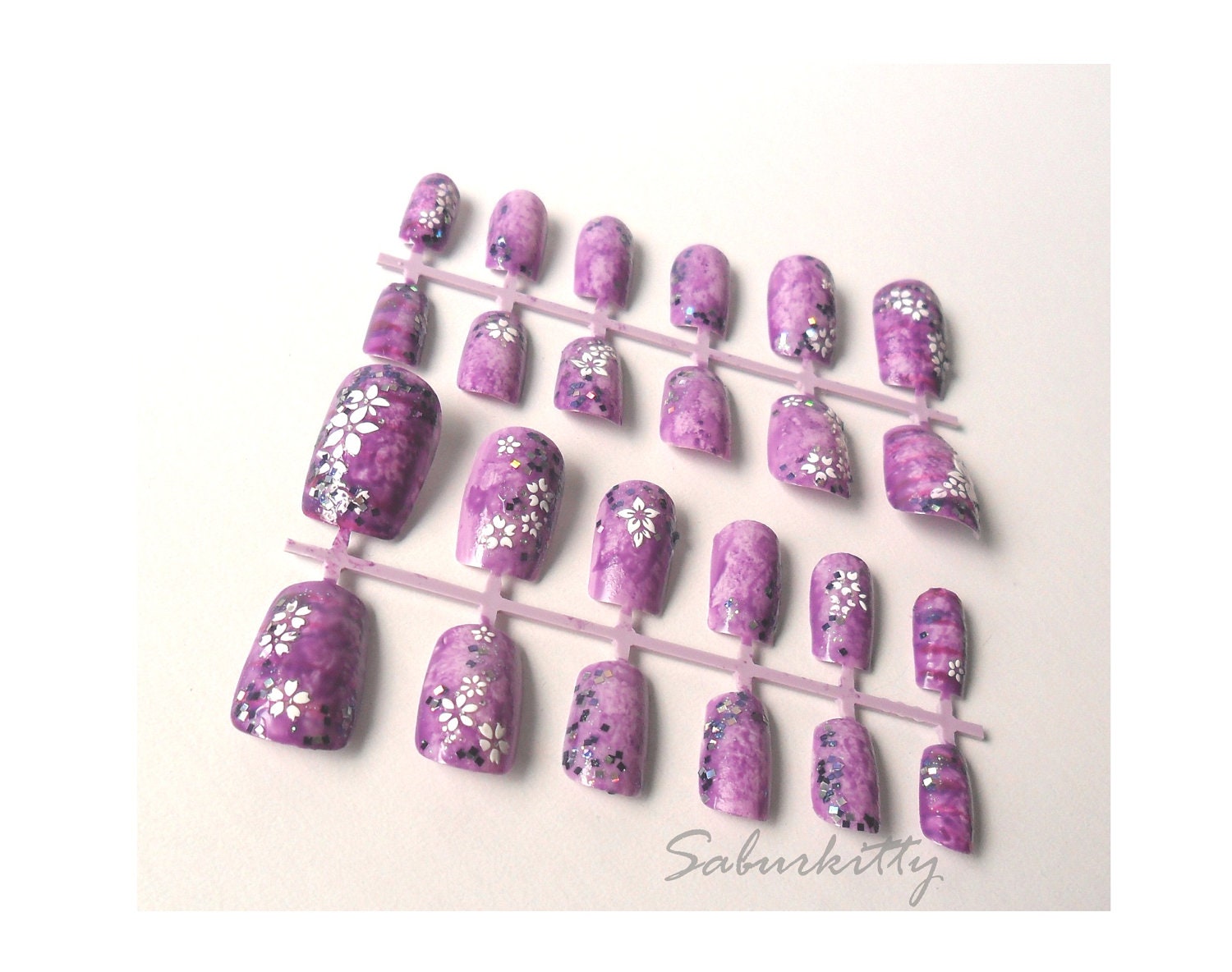 African Violet Nails Semi 3D purple lover lavender white fake flowers pale press on nail art 2 set design W/glue