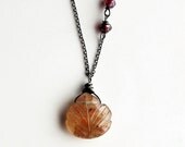 Copper Quartz and Garnet Oxidized Sterling Silver Necklace - Red Beaded Leaf Pendant