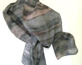 Hand painted silk scarf chocolate brown charcol design 8x54 long abstract scarf