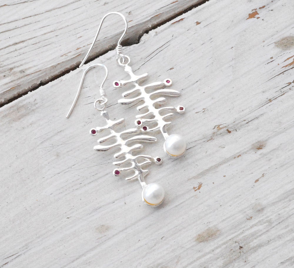 White Pearl Scarlet Red Rubies Earring, Sterling Silver Long Drop Earring, Bridal Jewelry, White and Red Jewelry, High Fashion Spring 2013