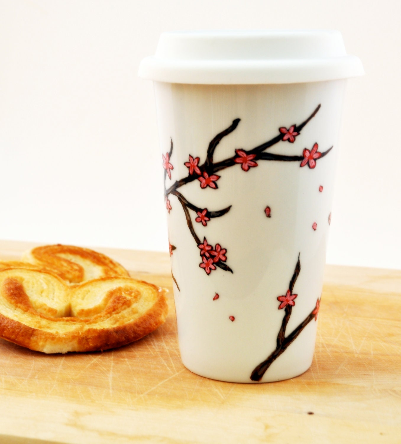 Cherry Blossoms Travel mug - Made to Order - Hand Painted porcelain eco-cup - Red and White - Silicon lid - PictureInADream