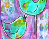 ON SALE 8x10 Mixed Media Original Art of Mama & Bird