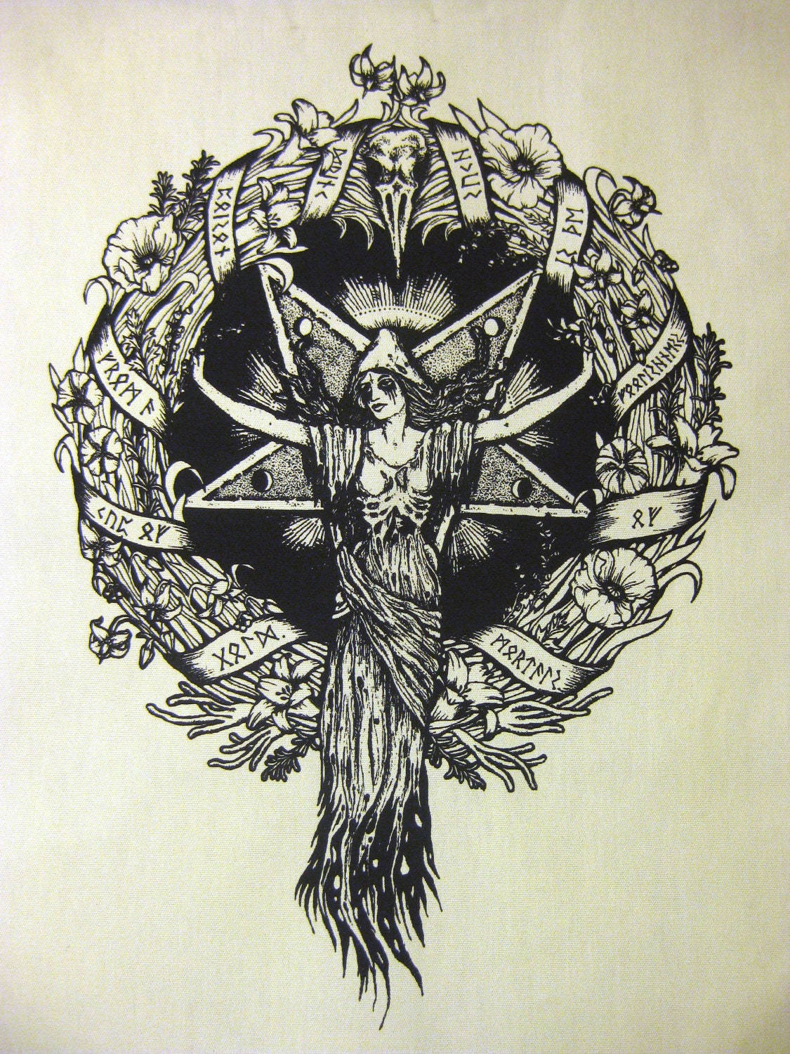 The Witch's Wreath, original drawing handmade screen printed back patch