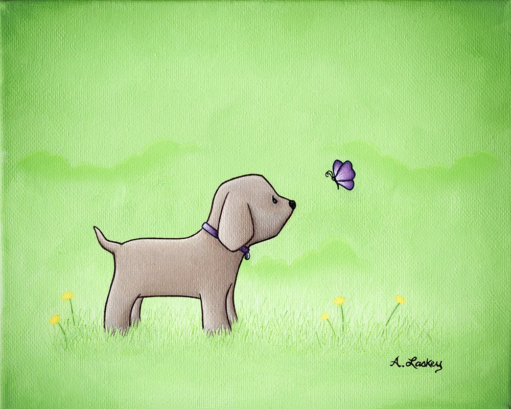 Puppy and Purple Butterfly 8x10 Children's Room Matted Canvas Painting Print - wall art