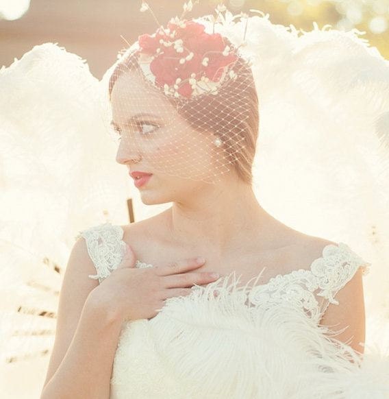 Bridal Floral Crown Fascinator Hat - Red Flowers, Cream Veil and Satin - AVALON