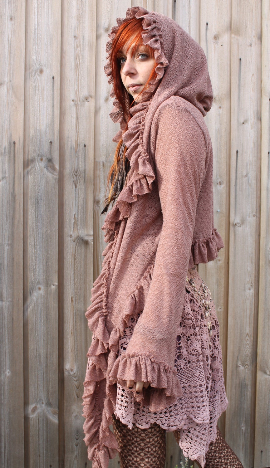dusty rose cocoa brown cardigan sweater jumper with hood and ruffeled edges