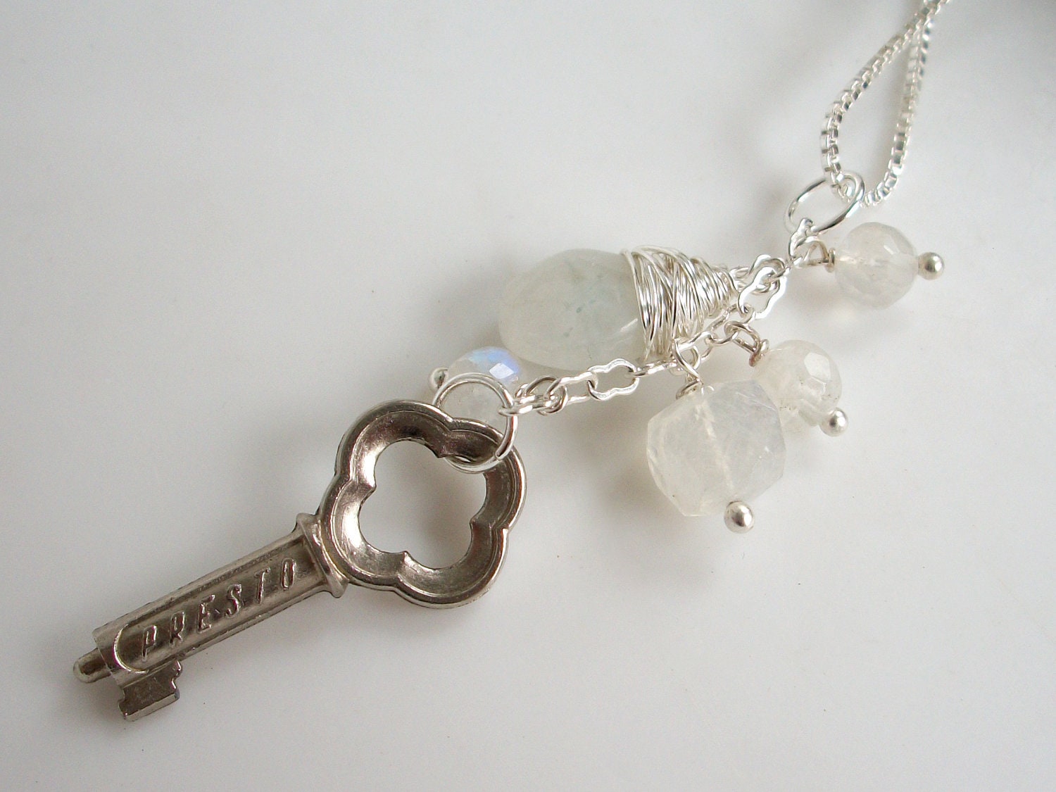 West of the Moon - rainbow moonstone and silver key necklace