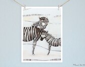 Zebra and Baby - African Animal 5x7" Giclee Fine Art Print. Stripey Zebra and baby in neutral colours