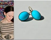 Turquoise Earrings, Cabochon Brass Leverback, Vintage Upcycled Boho Chic Tiffany Blue Drop Earrings, Something Blue Bridal