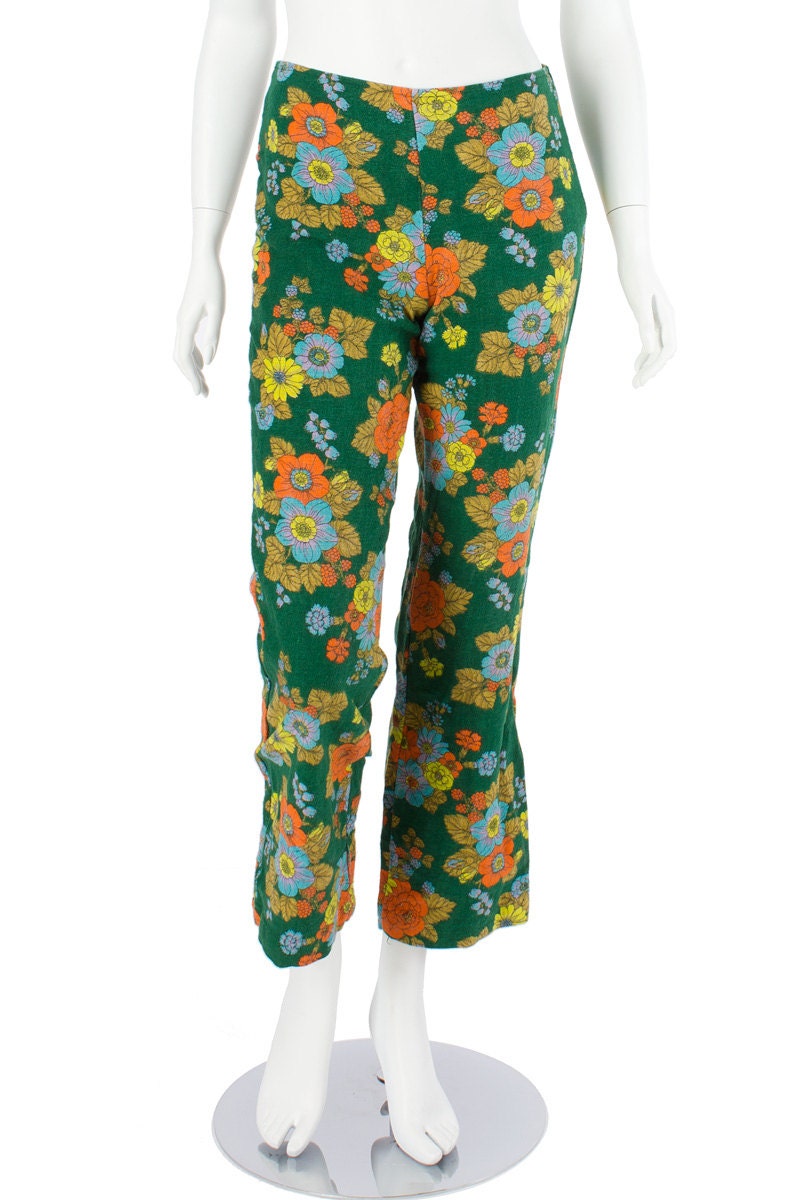 60s Vintage Pants Trousers Green Floral Print Carol Brent Montgomery Ward Small