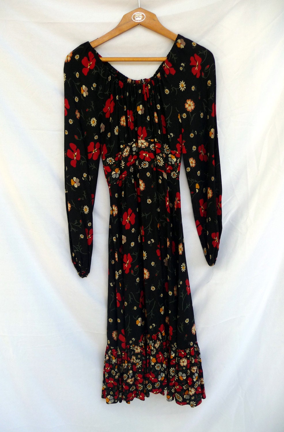 Vintage Black and Red Floral Dress  with Ruffle Susie G English 1960's