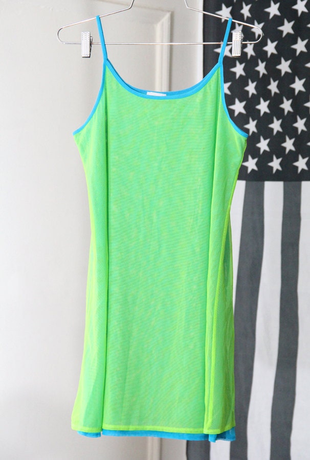 Neon Green and Electric Blue Double Sheer Layer Strappy Mini Dress