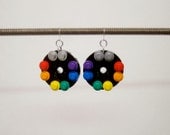 Black disk earrings with rainbow and silver pieces and silver plated ear wires
